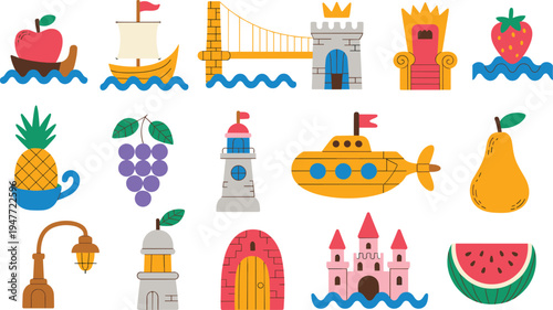 fairytale, fantasy, icon, set, castle, fruit, bridge, submarine, lighthouse, crown, ship, strawberry, watermelon, tower, cartoon, cute, medieval, magic, illustration, symbol