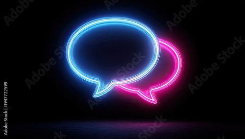 Glowing neon speech bubbles against a dark, minimalist background. Conversation concept illustration