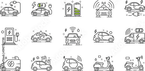 Electric vehicles and charging station line icon set with EV car battery charging hydrogen car scooter illustration