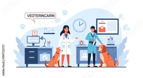 Veterinarians Caring for Dogs in Clinic.