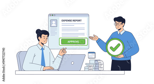 Two men collaborating on a business report with a checkmark symbol.