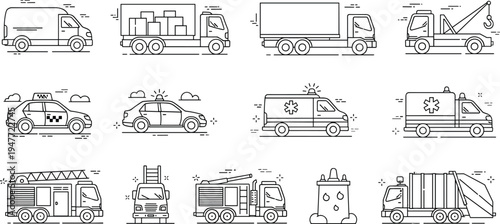 Service and transport trucks line icon set with delivery van cargo truck tow truck ambulance fire truck garbage truck illustration