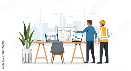 Two men discussing architectural blueprints on a table.