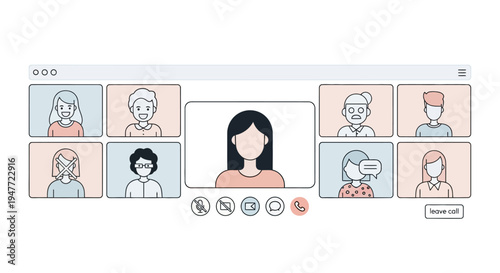 Video conference call with multiple participants shown on screen.