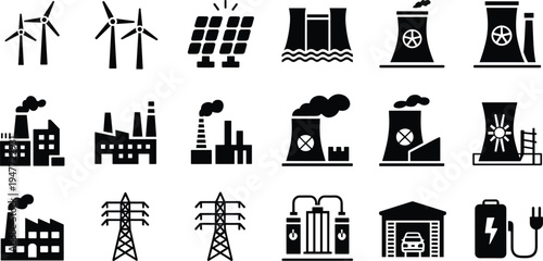 energy, power, plant, factory, icon, set, electricity, industry, turbine, solar, wind, nuclear, generator, utility, production, technology, station, voltage, fuel, symbol