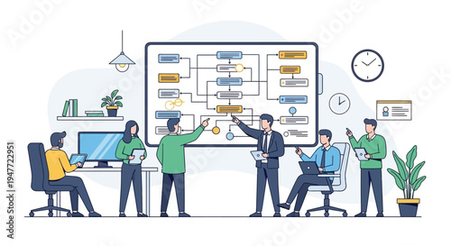Team collaborating on a complex flowchart diagram in a modern office setting.