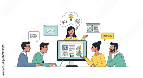 Team collaborating on a digital marketing strategy presentation.