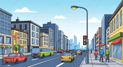 Busy City Street with Cars and Buildings.