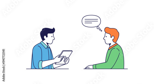 Two men in conversation, one holding a tablet.