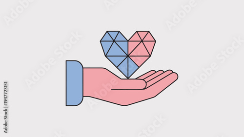 A hand holding a geometric heart symbolizing love and care