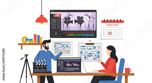 Video Production Team Collaborating on Project.