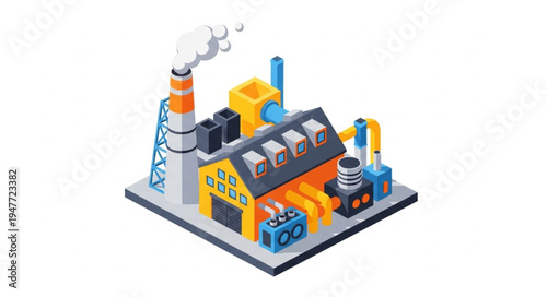 Modern industrial factory building with smokestack emitting smoke.