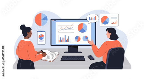 Two people analyzing data on computer screen and phone.