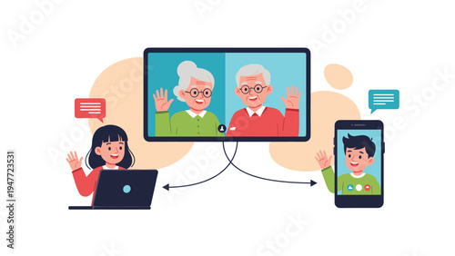 Grandparents and grandchildren connecting through multi device video call using computer, laptop, and smartphone to stay in touch.