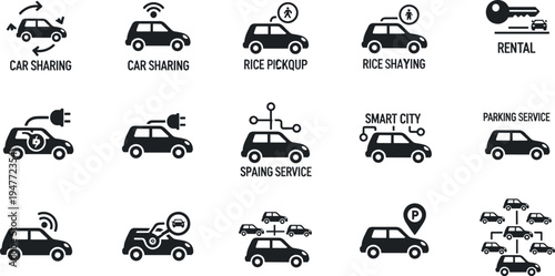 Car sharing and smart mobility icon set with ride sharing rental parking service electric car smart city illustration