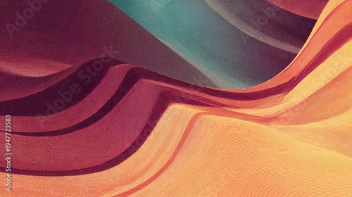 Abstract flowing waves with layered textures and fine lines in warm red, orange and teal tones. Modern artistic background expressing motion, depth and harmony, ideal for branding, web design and crea
