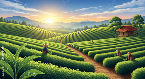 Lush green tea plantation fields with farmers harvesting tea leaves at sunrise.
