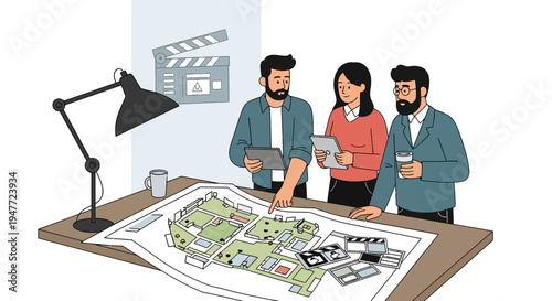 Team of professionals planning a film project on a blueprint.