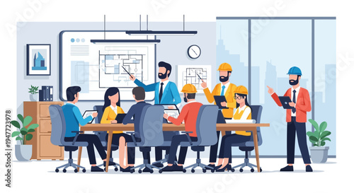 Team of professionals in a business meeting discussing project plans.