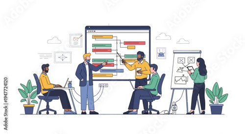 Team collaborating on a project timeline presentation.