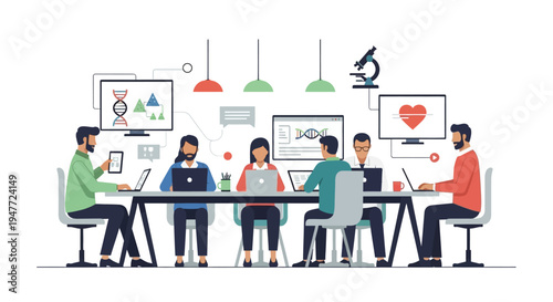 Team of scientists collaborating in a modern laboratory meeting.