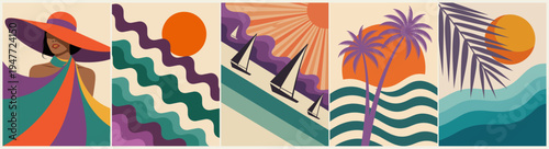 Summer Retro posters set with Woman in wide-brimmed hat smiles warmly. Vibrant colors swirl in gentle, rhythmic waves. Sailboats glide through calm, sunlit waters. Palm trees sway beneath