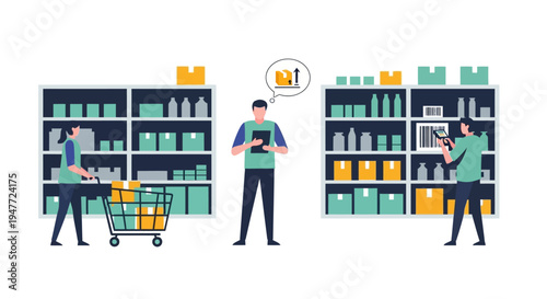 Warehouse workers managing inventory with digital devices.