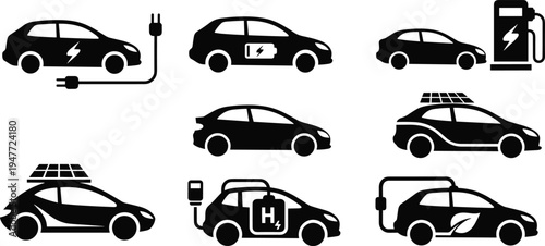 Electric car and alternative fuel vehicle silhouette icon set with EV charging solar car hydrogen fuel automobile