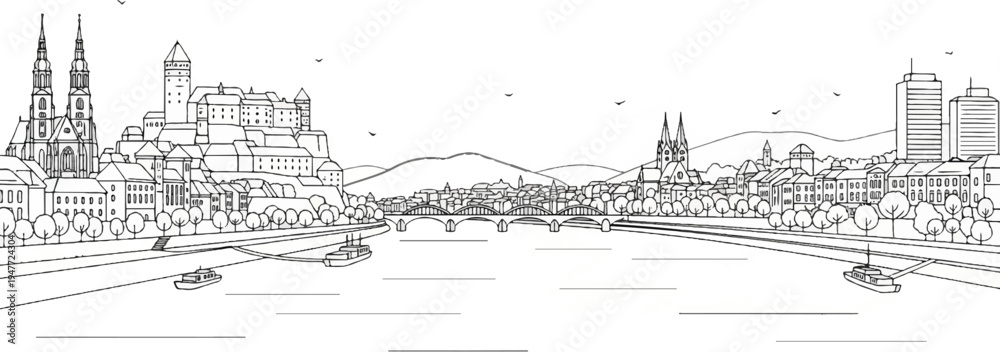 Fototapeta premium Panoramic line art of a cityscape with a river, bridges, and historic buildings