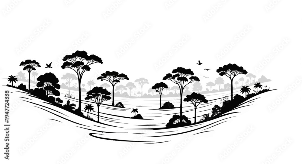 Obraz premium Panoramic view of a lush, tropical forest with diverse trees and flying birds