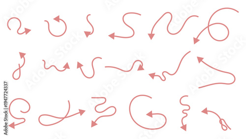 Set of hand drawn curved arrows collection for direction, flow, navigation, and movement indicators