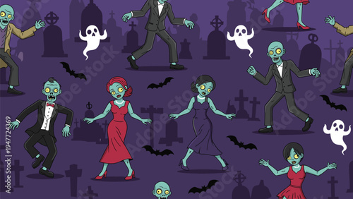 Fun seamless pattern of cartoon zombies dancing in cemetery at night with ghosts and bats for halloween theme.