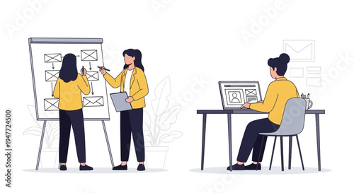 Team collaborating on a project with a whiteboard and laptop.