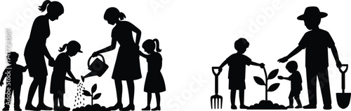 Family gardening silhouette, parents kids planting tree, watering plant, eco lifestyle people, farming activity, environment care, garden work illustration, nature planting scene