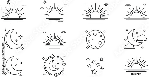 Sun moon and day night cycle line icon set with sunrise sunset horizon stars sky astronomy illustration