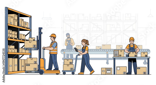 Warehouse workers operating forklifts and conveyor belts.