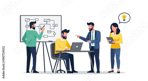 Team collaborating on a project with a whiteboard and laptop.