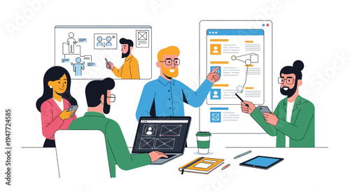 Team collaborating on a project with presentations and laptops.