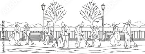 People cleaning a park in winter, collecting litter in bags