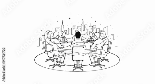 People in office meeting around a round table with city skyline in background