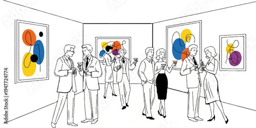 People mingling at an art gallery with colorful abstract paintings on display