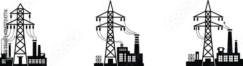 Electric transmission tower silhouette, power plant industry, high voltage lines, electricity supply concept, factory energy system, black vector illustration set design