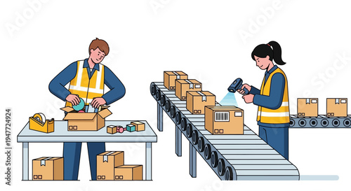 Warehouse workers packing and scanning boxes on conveyor belt.