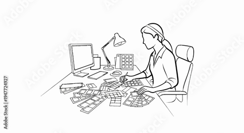 Person at desk with computer, lamp, color swatches, and film strips