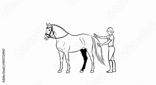 Person brushes a horse, a braid visible on its mane