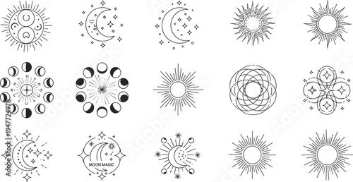 Moon phases and cosmic astrology line icon set with sun celestial symbols mystical universe illustration