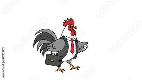 Professional rooster character dressed in smart business suit and red tie walking confidently while carrying dark leather briefcase.