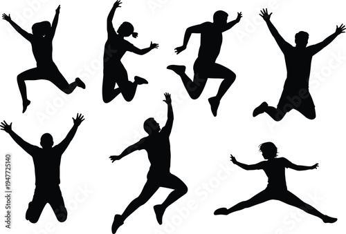 Jumping people silhouette set, happy jumping poses, celebration action, dancing figures, energetic men women, black silhouette vector, motion activity illustration collection