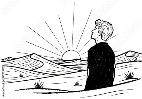 Person gazes at a sunrise over desert dunes