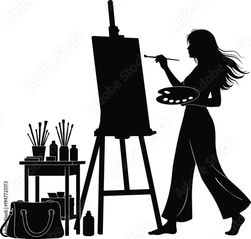 Creative female artist painting on canvas at easel in studio silhouette with brushes palette and art supplies illustration concept design